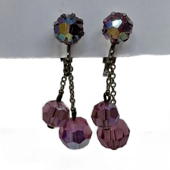 Vintage 1950s/60s Pink Aurora Borealis Crystal Dangle Clip-On Earrings - Picture 3 of 5